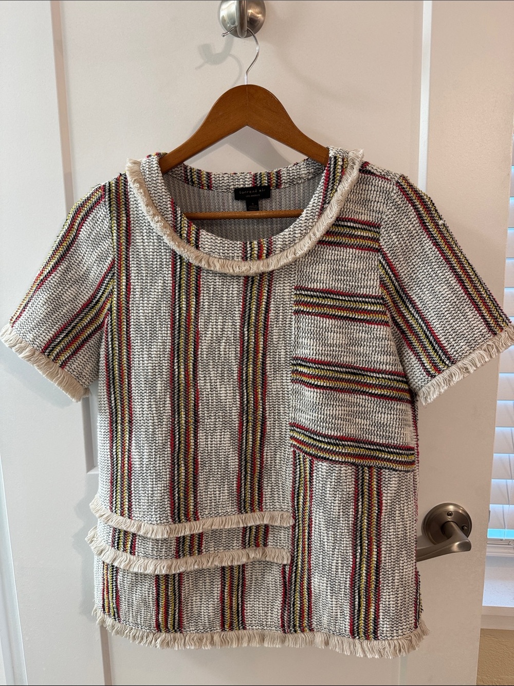 Current Air Fringe Trim Bouclé Knit Top Striped Short Sleeve Size Small